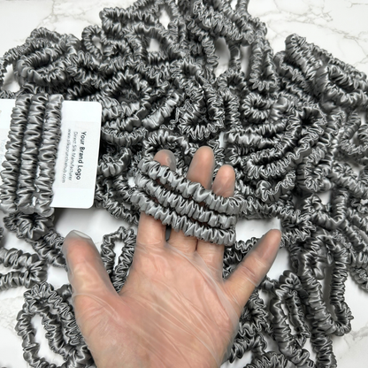 Middle Grey Silk Scrunchie Wholesale from 1 piece, custom silk scrunchies with brand label, low MOQ.