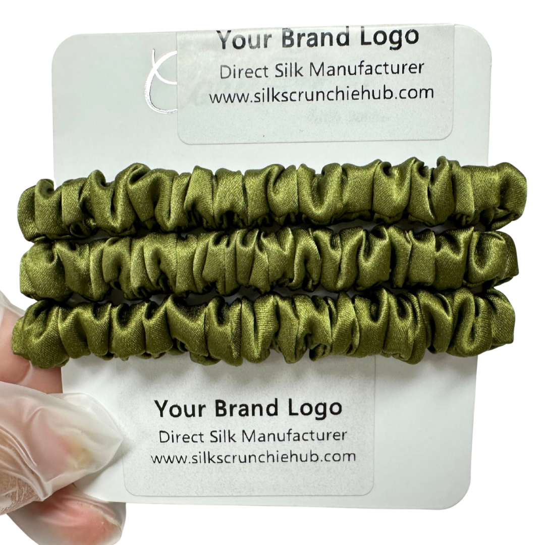 Olive Green Skinny Silk Scrunchie custom wholesale, custom brand low MOQ, 1 piece wholesale