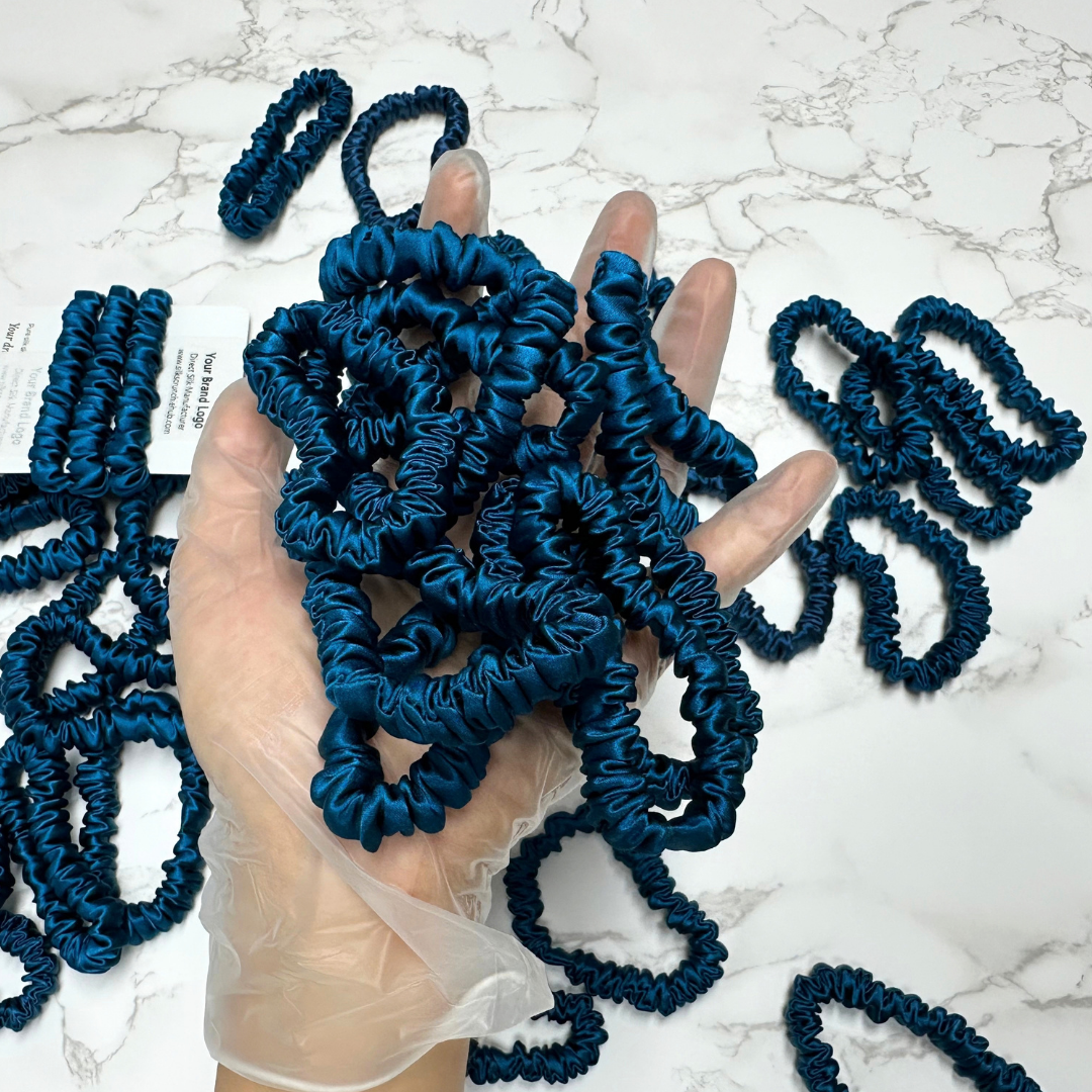 Peacock Blue Skinny Silk Scrunchie Wholesale from 1 piece, custom silk scrunchie with brand logo low MOQ.