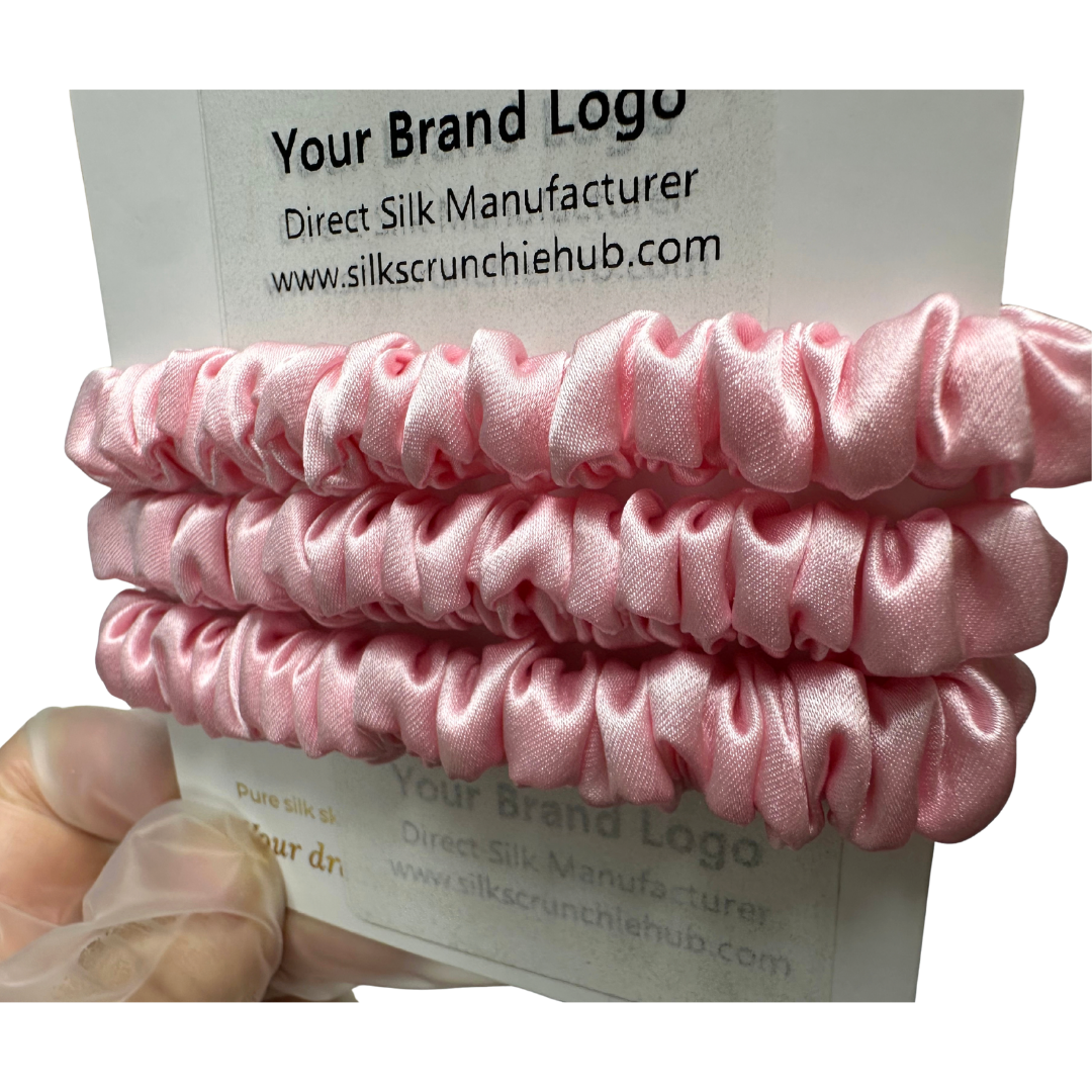 Pink Skinny Silk Scrunchie Wholesale from 1 piece, custom silk scrunchie with brand logo low MOQ.