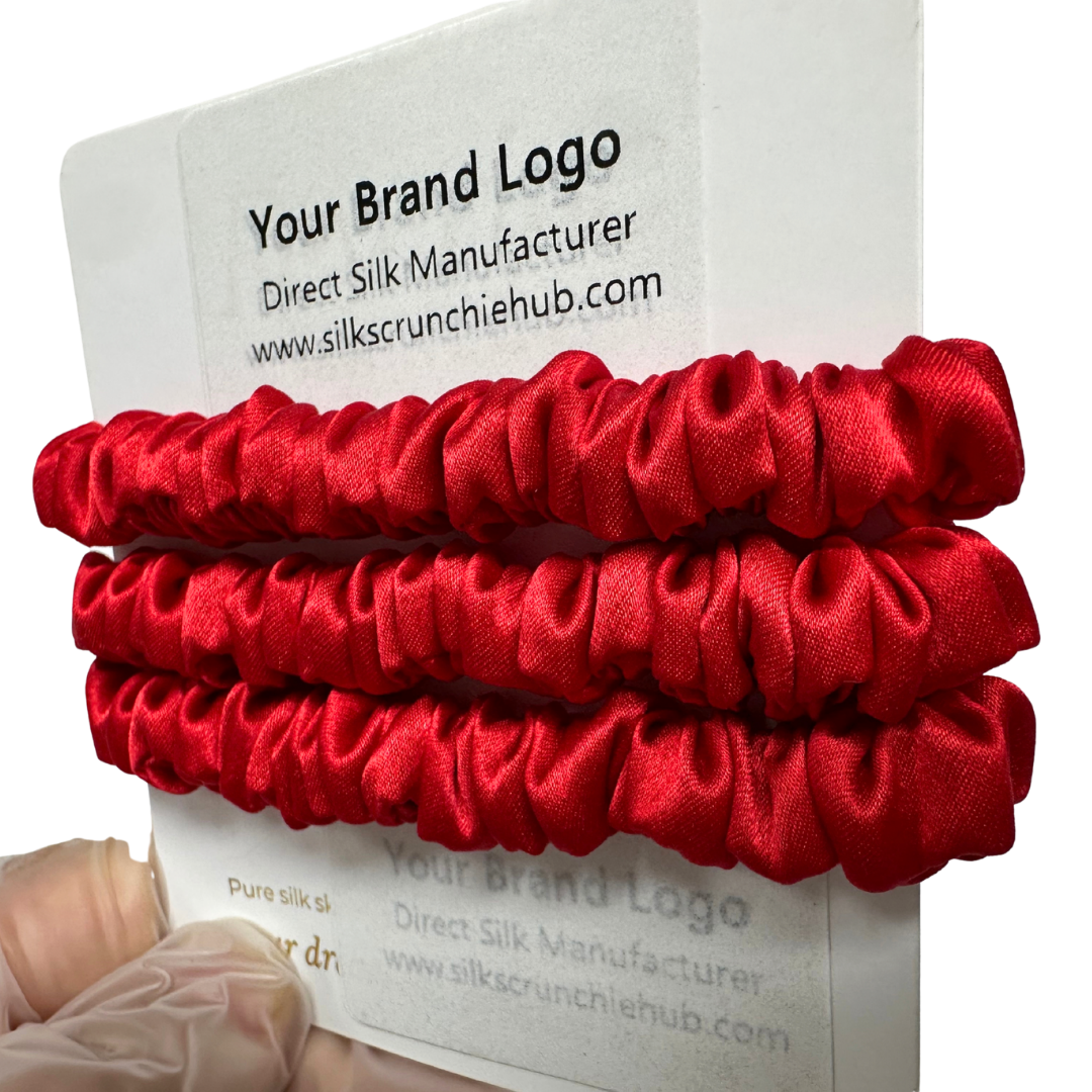 Pomegranate Red Skinny Silk Scrunchie Wholesale from 1 piece, custom silk scrunchie with brand logo low MOQ.