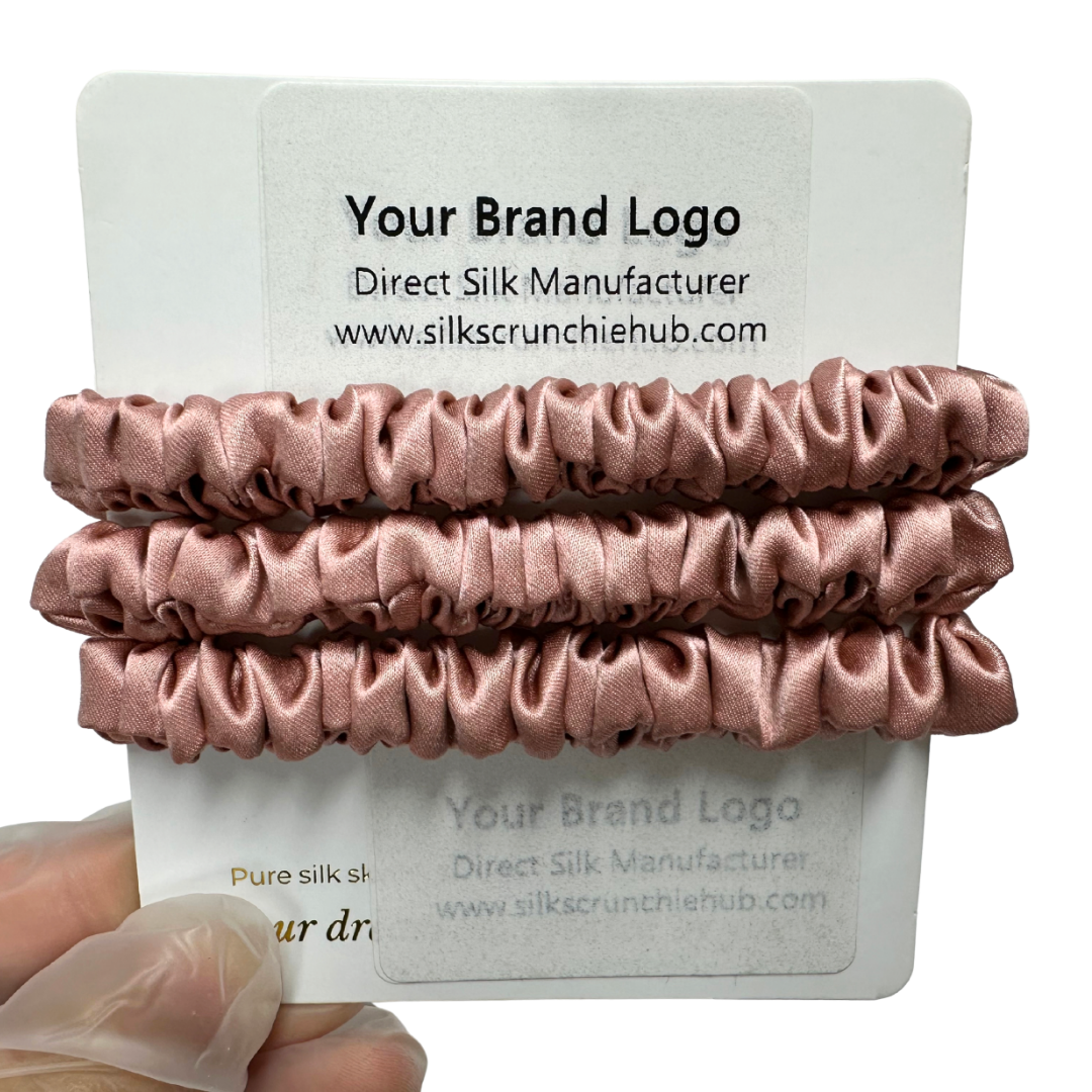 Red Beans Skinny Silk Scrunchie Wholesale from 1 piece, custom silk scrunchies with brand label, low MOQ.