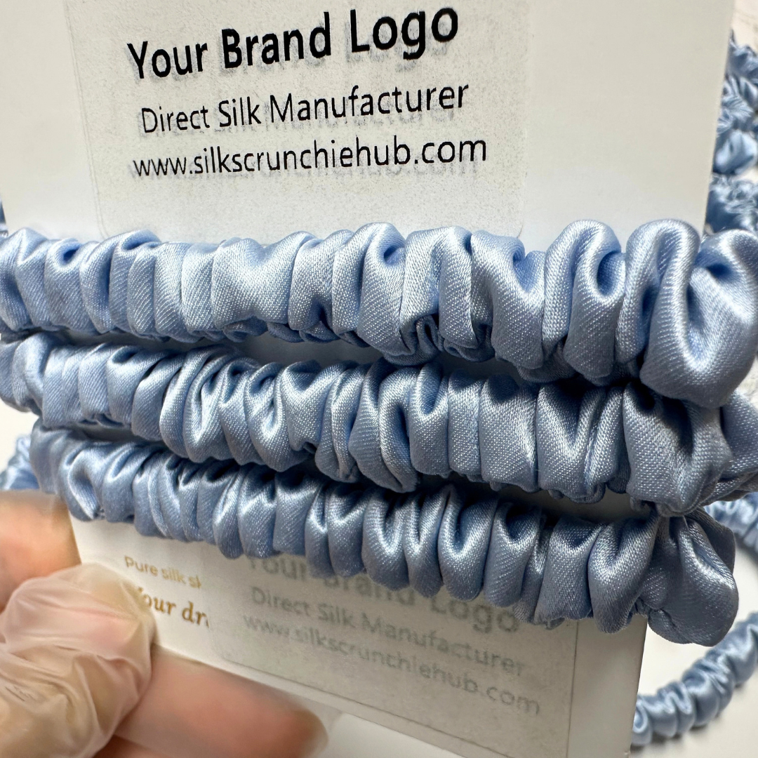 Sky Blue Skinny Silk Scrunchie Wholesale from 1 piece, custom silk scrunchie with brand logo low MOQ.