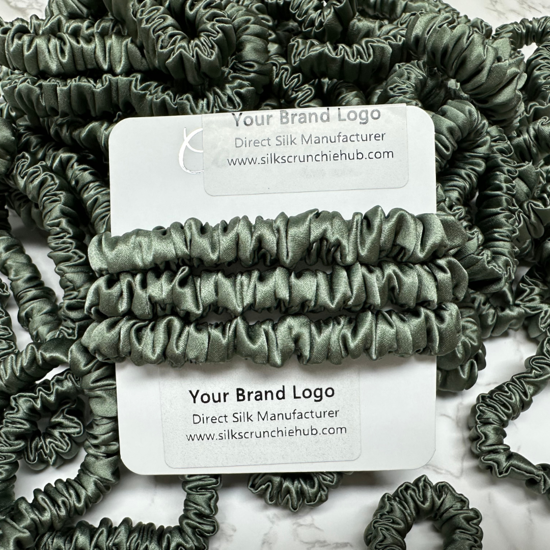 Deep Sage Silk Scrunchie Skinny custom wholesale, custom brand low MOQ, 1 piece wholesale