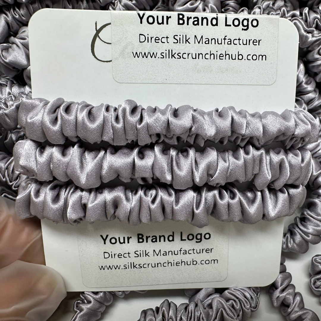 Grey Purple Skinny Silk Scrunchie custom wholesale, custom brand low MOQ, 1 piece wholesale