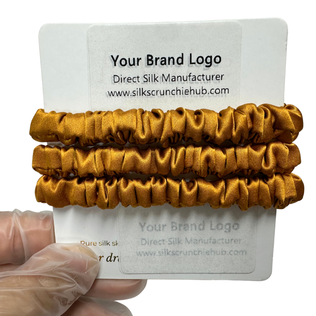 Amber Yellow Skinny Silk Scrunchie Wholesale from 1 piece, custom silk scrunchies with brand label, low MOQ.