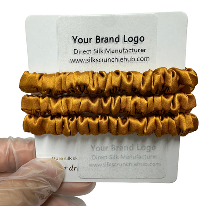 Amber Yellow Skinny Silk Scrunchie Wholesale from 1 piece, custom silk scrunchies with brand label, low MOQ.
