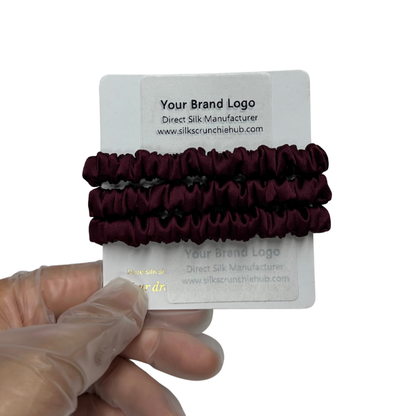 Dark Purple Red Silk Scrunchie Wholesale from 1 piece, custom silk scrunchies with brand label, low MOQ.