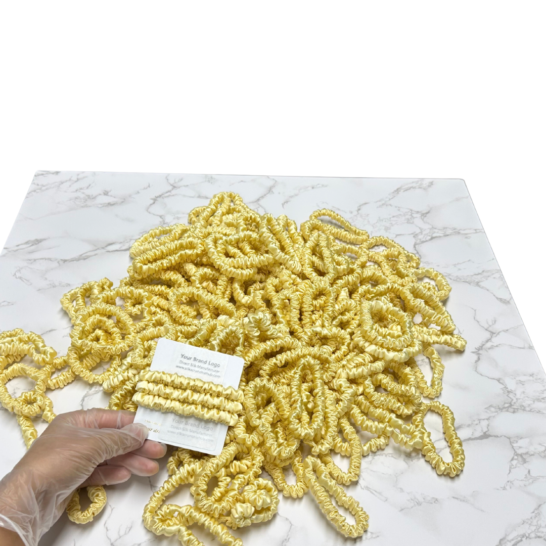 Light Yellow Silk Scrunchie Wholesale from 1 piece, custom silk scrunchies with brand label, low MOQ.