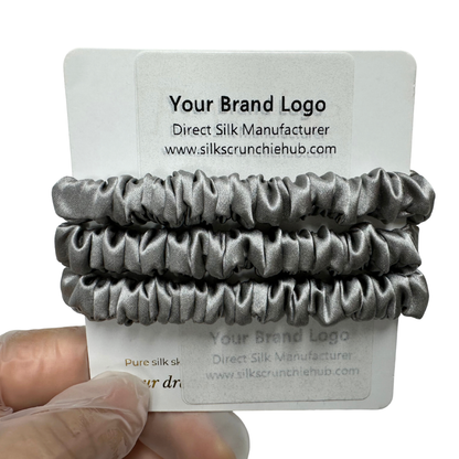 Middle Grey Silk Scrunchie Wholesale from 1 piece, custom silk scrunchies with brand label, low MOQ.