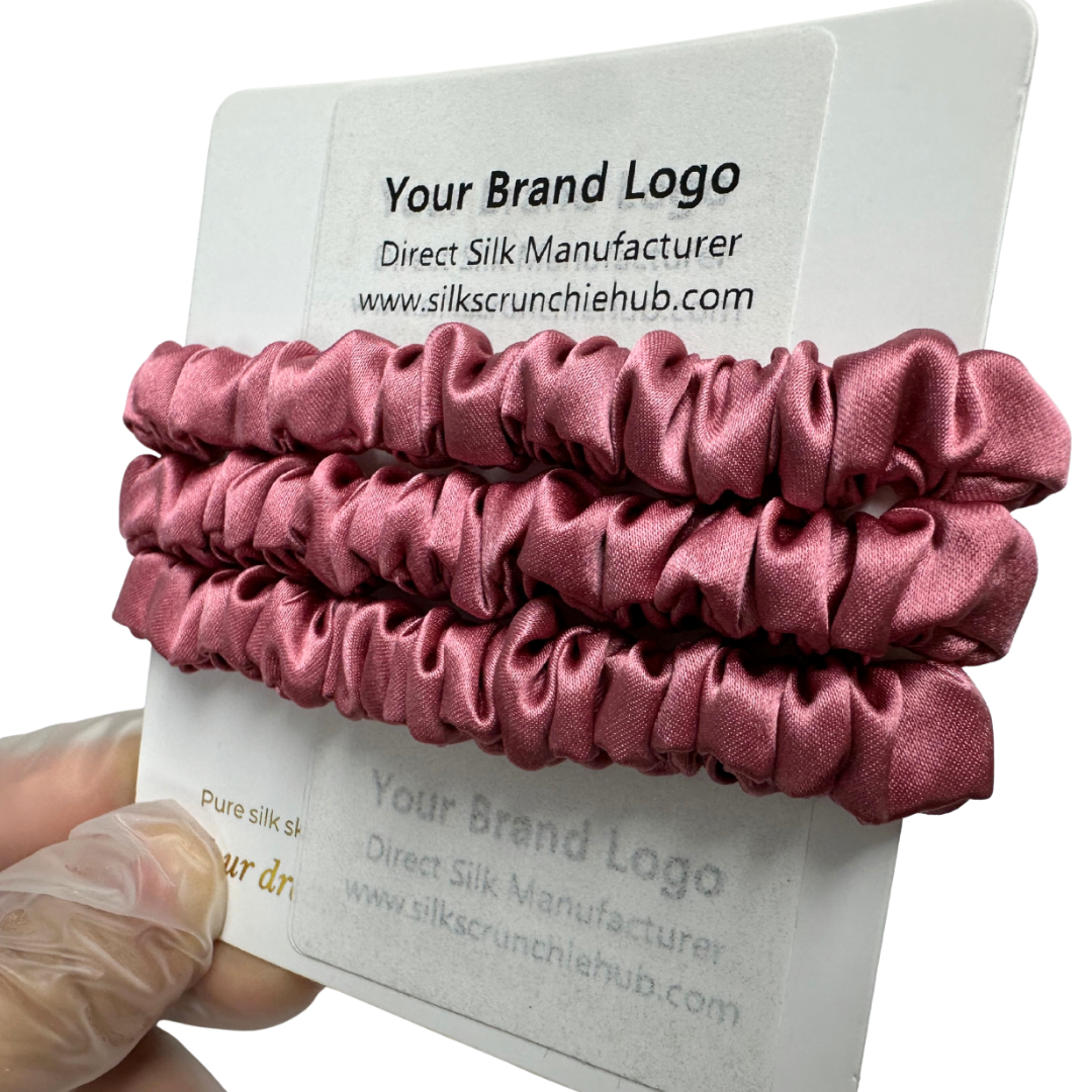 Silver Red Silk Scrunchie Wholesale from 1 piece, custom silk scrunchies with brand label, low MOQ.