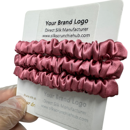 Silver Red Silk Scrunchie Wholesale from 1 piece, custom silk scrunchies with brand label, low MOQ.