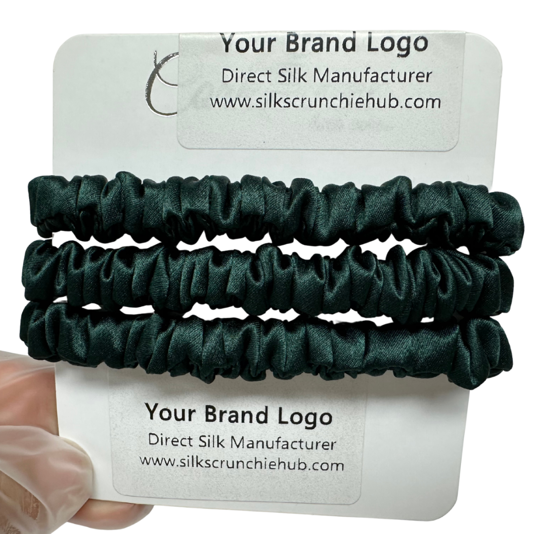 Emerald Green Skinny Silk Scrunchie custom wholesale, custom brand low MOQ, 1 piece wholesale