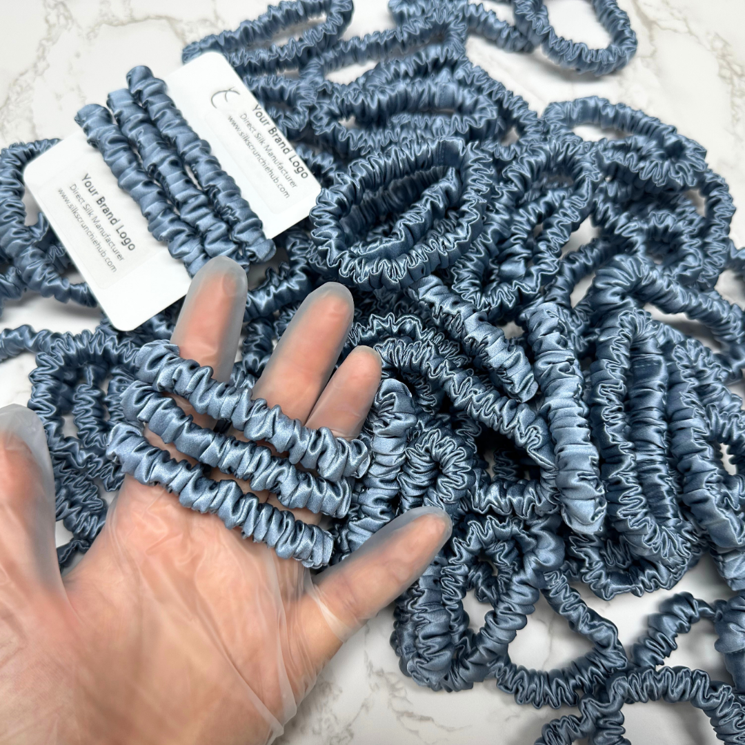 Grey Blue Skinny Silk Scrunchie custom wholesale, custom brand low MOQ, 1 piece wholesale