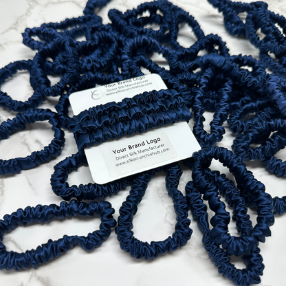 Navy Blue Skinny Silk Scrunchie custom wholesale, custom brand low MOQ, 1 piece wholesale