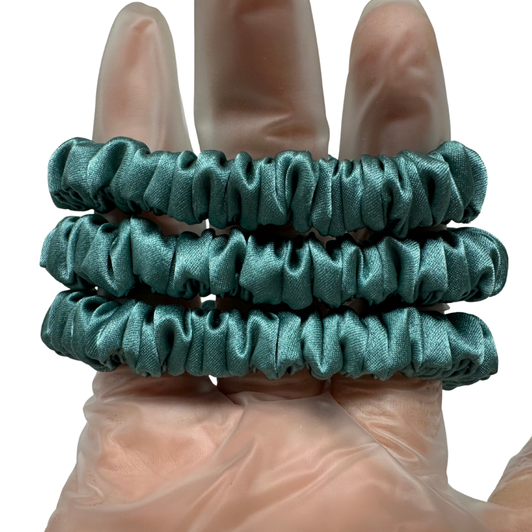 Stone Green Skinny Silk Scrunchie custom wholesale, custom brand low MOQ, 1 piece wholesale