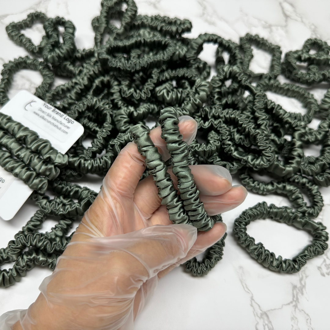 Deep Sage Silk Scrunchie Skinny custom wholesale, custom brand low MOQ, 1 piece wholesale
