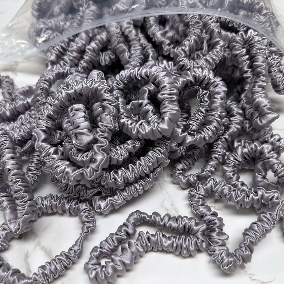 Grey Purple Skinny Silk Scrunchie custom wholesale, custom brand low MOQ, 1 piece wholesale