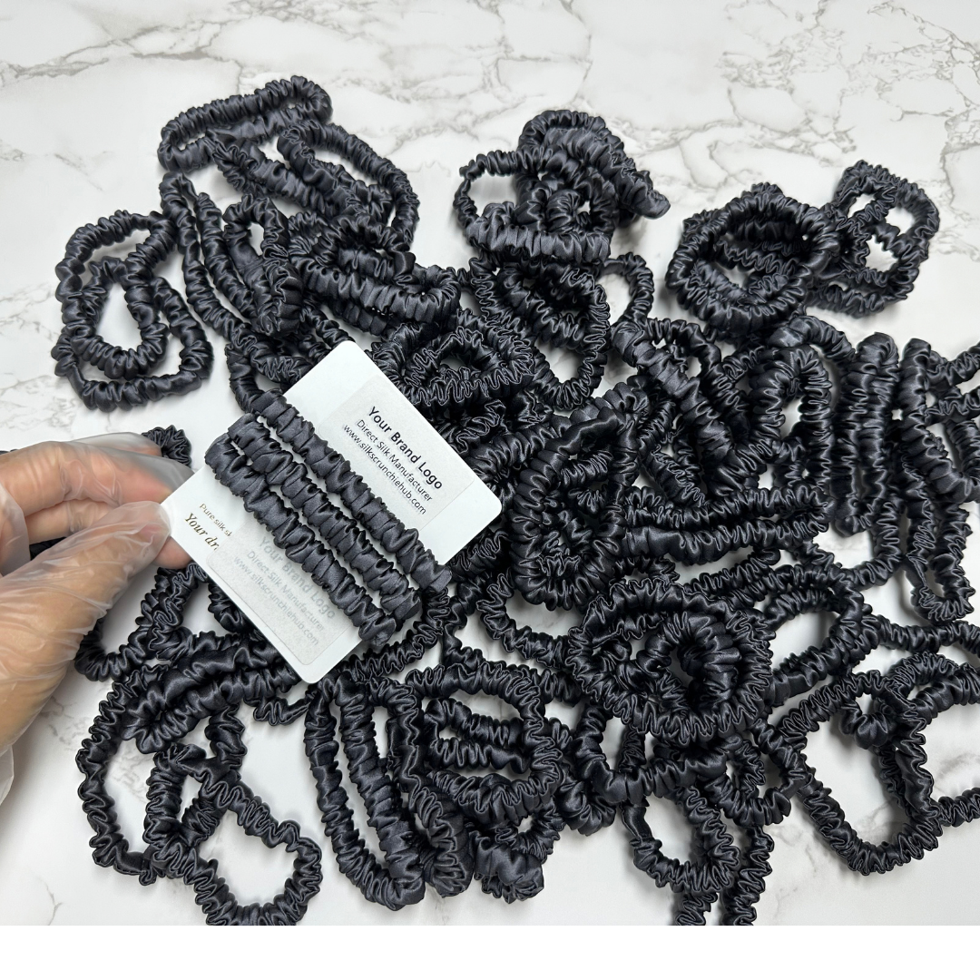 Dark Grey Skinny Silk Scrunchie Wholesale from 1 piece, custom silk scrunchie with brand logo low MOQ.