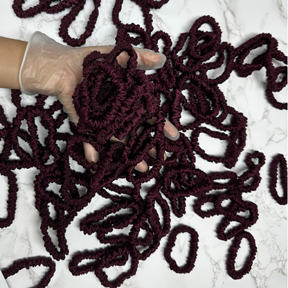 Dark Purple Red Silk Scrunchie Wholesale from 1 piece, custom silk scrunchies with brand label, low MOQ.