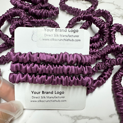 Dark Reddish Skinny Silk Scrunchie in stock, wholesale silk scrunchie from 1 piece, custom silk scrunchies with logo brand label, low MOQ.