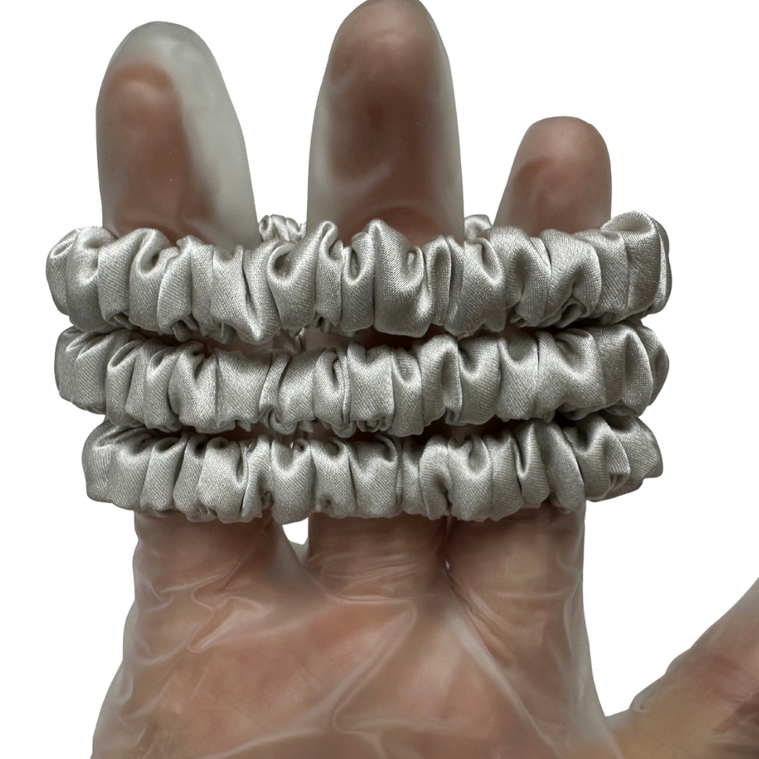 Light Gray Silk Scrunchie Wholesale from 1 piece, custom silk scrunchies with brand label, low MOQ.