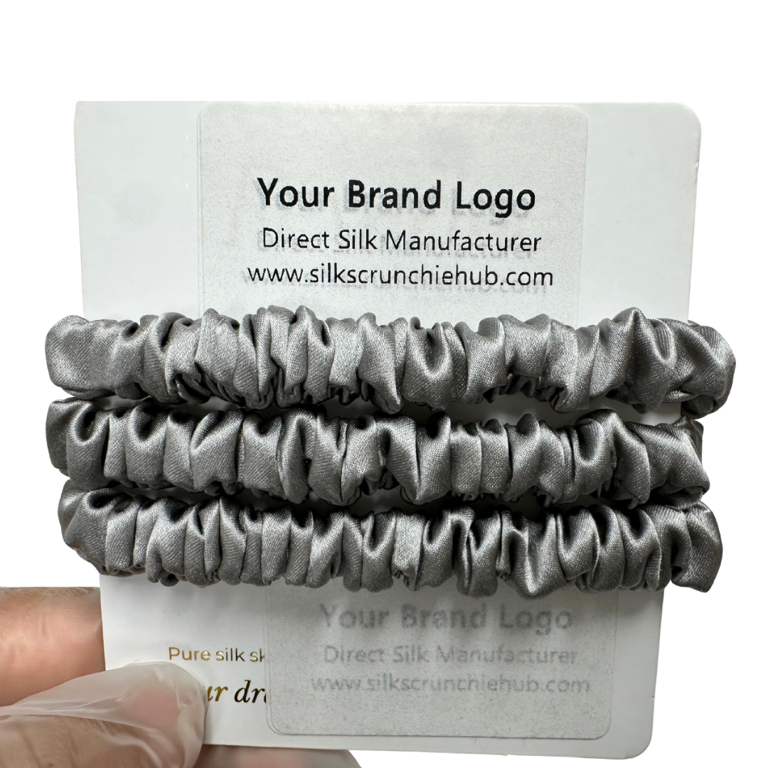Middle Grey Silk Scrunchie Wholesale from 1 piece, custom silk scrunchies with brand label, low MOQ.
