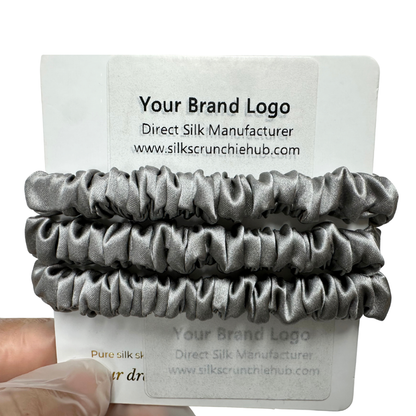 Middle Grey Silk Scrunchie Wholesale from 1 piece, custom silk scrunchies with brand label, low MOQ.