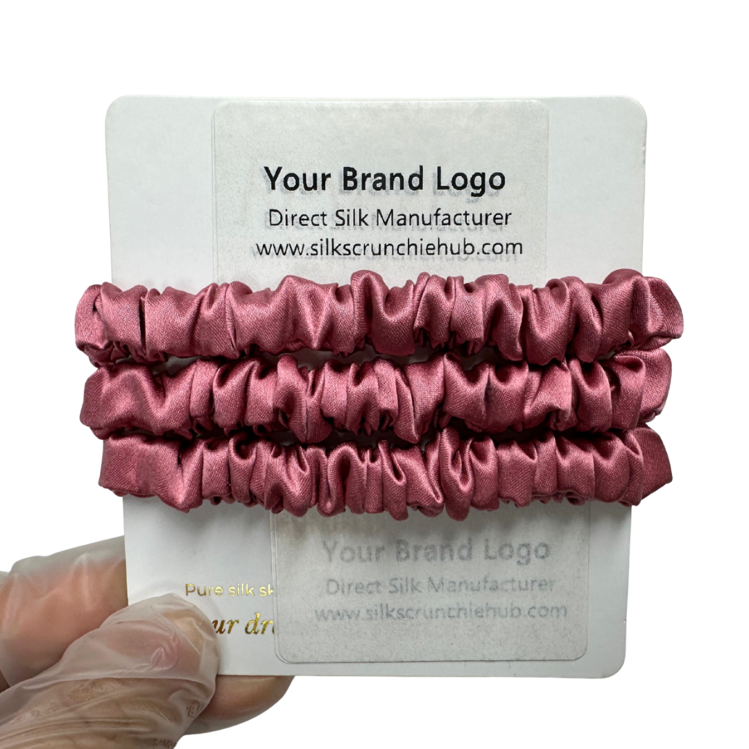 Silver Red Silk Scrunchie Wholesale from 1 piece, custom silk scrunchies with brand label, low MOQ.