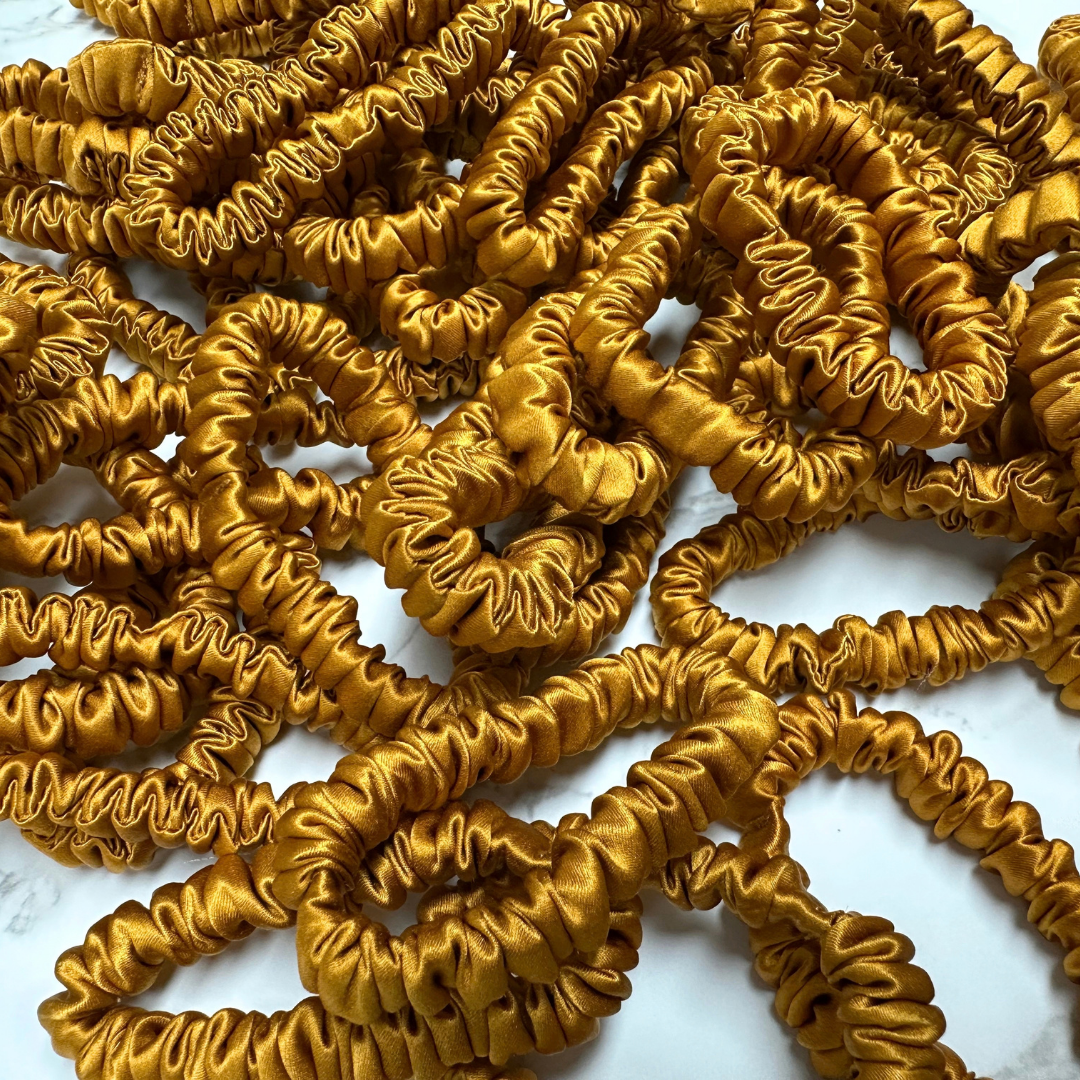 Amber Yellow Skinny Silk Scrunchie Wholesale from 1 piece, custom silk scrunchies with brand label, low MOQ.