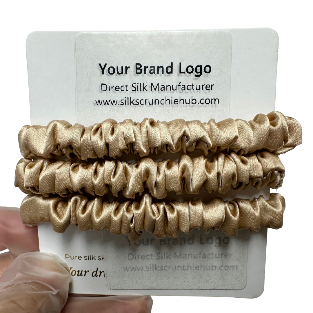 Beige Skinny Silk Scrunchie Wholesale from 1 piece, custom silk scrunchie with brand logo low MOQ.