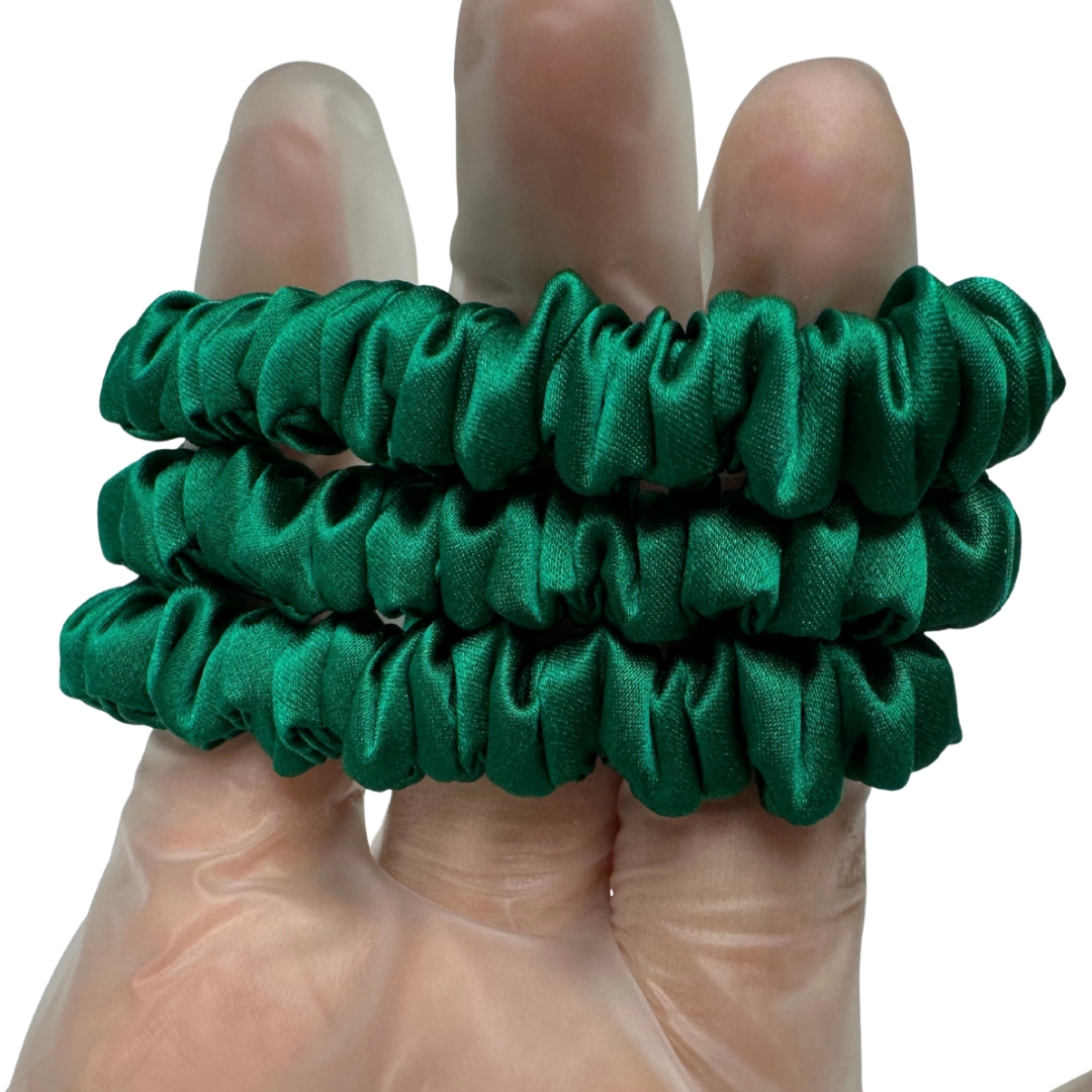 Christmas Green Silk Scrunchie Wholesale from 1 piece, custom silk scrunchies with brand label, low MOQ.