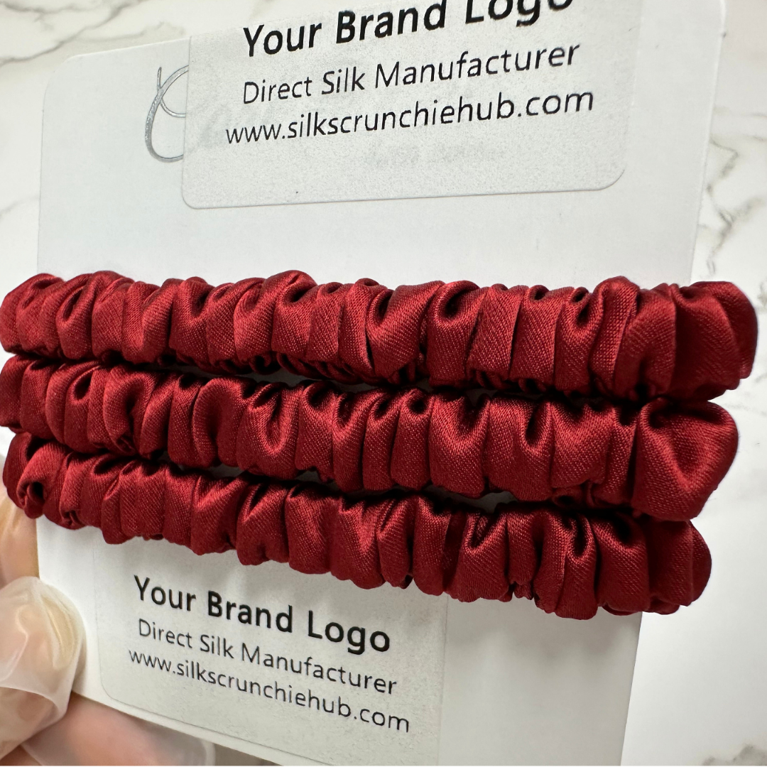 Coke Red Skinny Silk Scrunchie in stock, wholesale silk scrunchie from 1 piece, custom silk scrunchies with logo brand label, low MOQ.