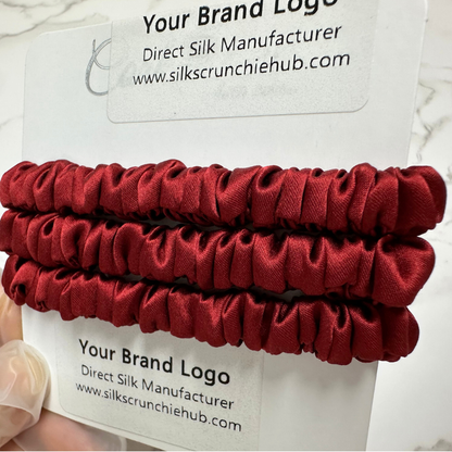 Coke Red Skinny Silk Scrunchie in stock, wholesale silk scrunchie from 1 piece, custom silk scrunchies with logo brand label, low MOQ.