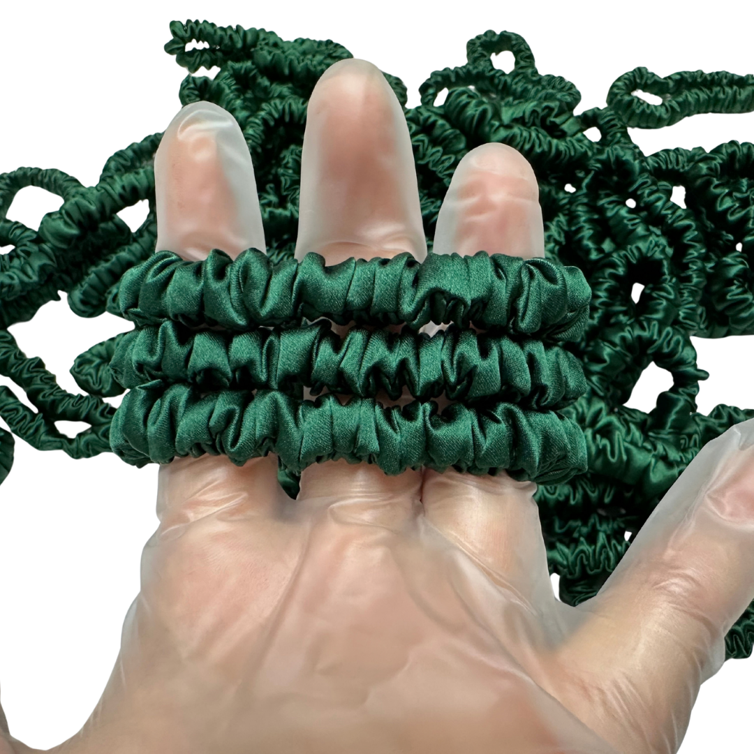 Dark Green Skinny Silk Scrunchie Wholesale from 1 piece, custom silk scrunchie with brand logo low MOQ.