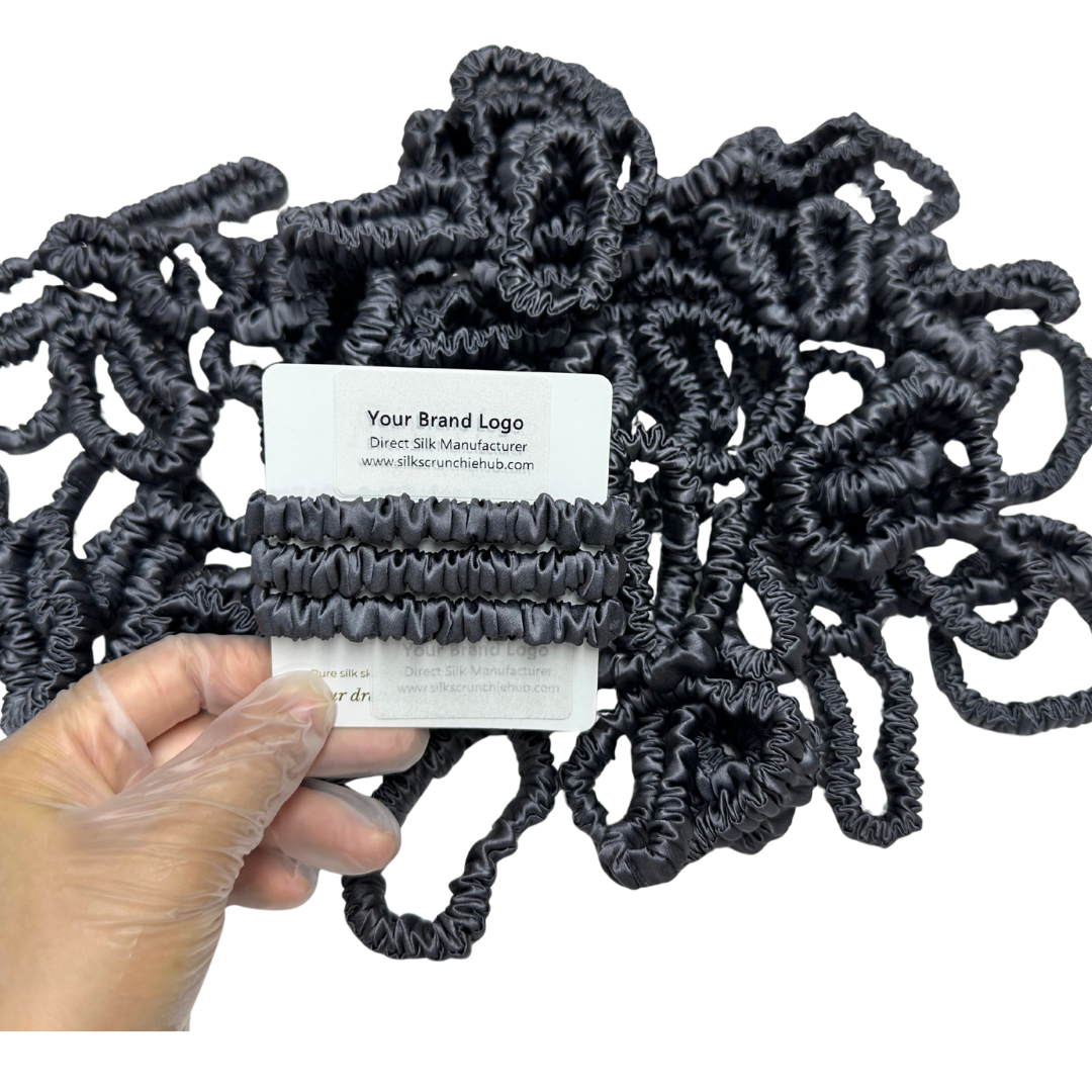 Dark Grey Skinny Silk Scrunchie Wholesale from 1 piece, custom silk scrunchie with brand logo low MOQ.