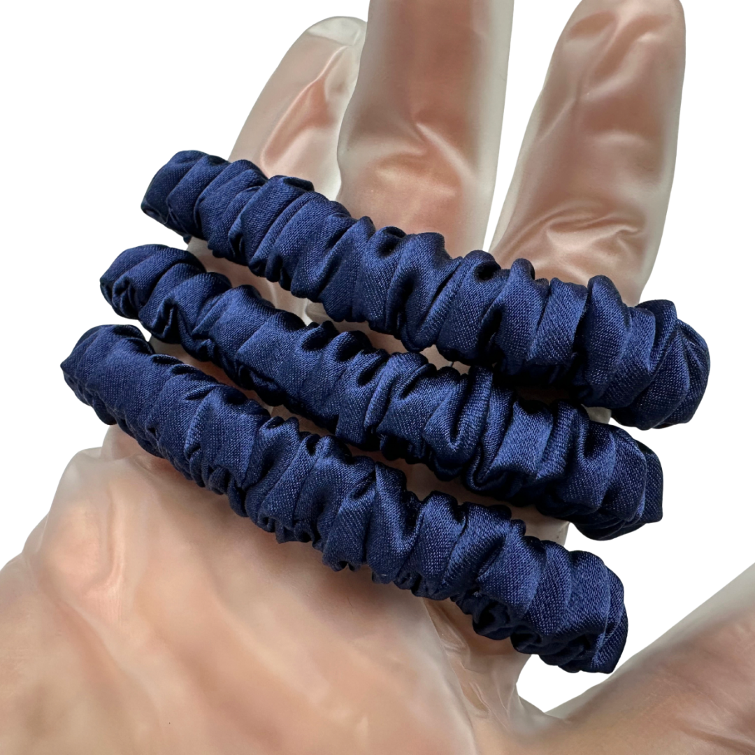 Dark Indigo Skinny Silk Scrunchie Wholesale from 1 piece, custom silk scrunchies with brand label, low MOQ.