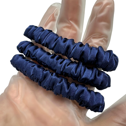 Dark Indigo Skinny Silk Scrunchie Wholesale from 1 piece, custom silk scrunchies with brand label, low MOQ.