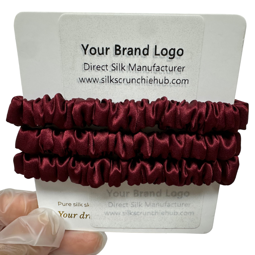 Dark Red Skinny Silk Scrunchie in stock, wholesale silk scrunchie from 1 piece, custom silk scrunchies with logo brand label, low MOQ.