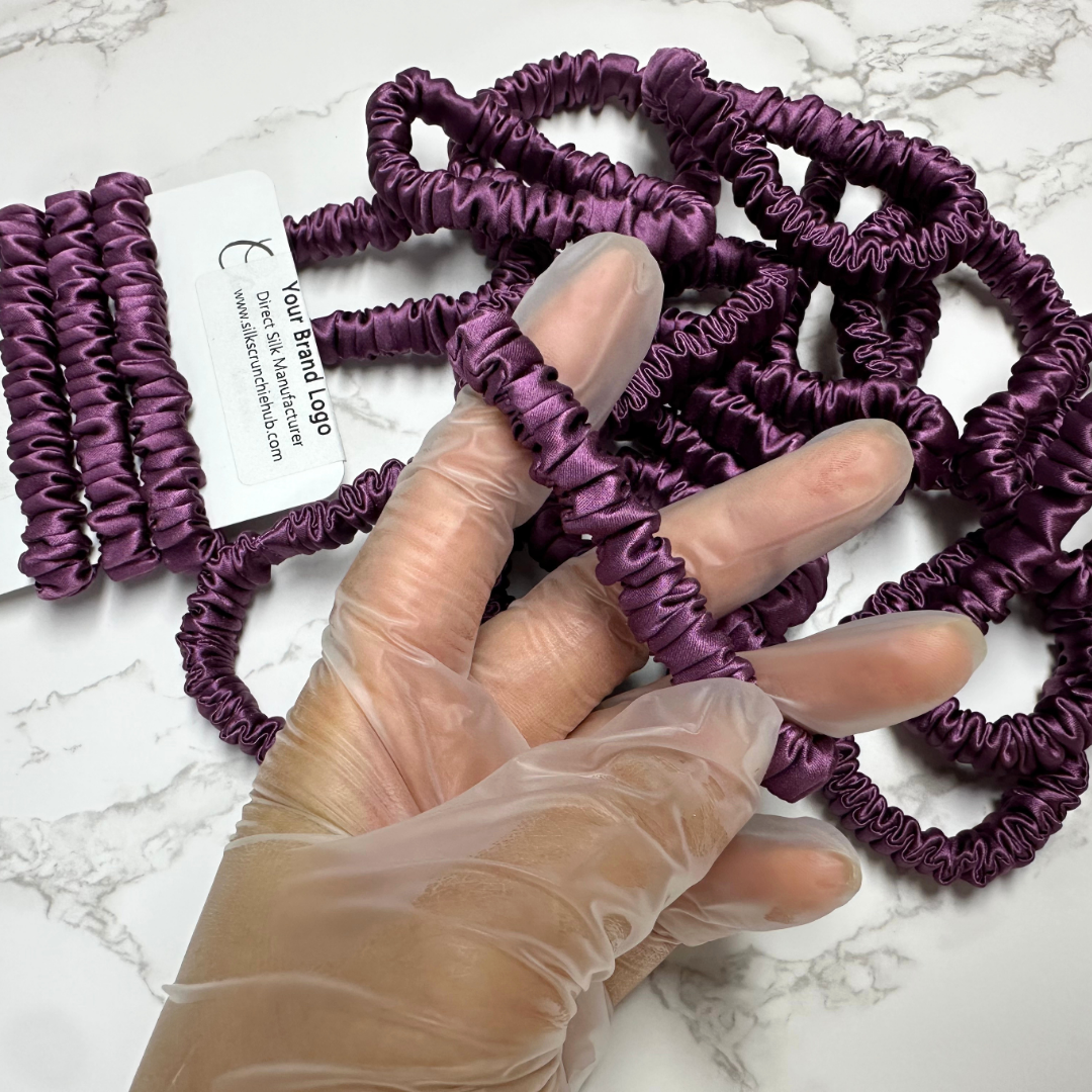 Dark Reddish Skinny Silk Scrunchie in stock, wholesale silk scrunchie from 1 piece, custom silk scrunchies with logo brand label, low MOQ.