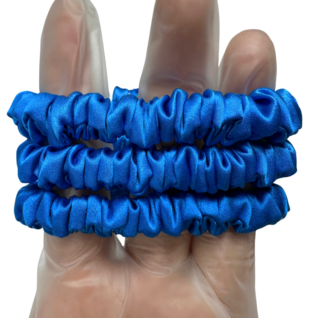 Deep-Bright-Blue Silk Scrunchie Wholesale from 1 piece, custom silk scrunchies with brand label, low MOQ.