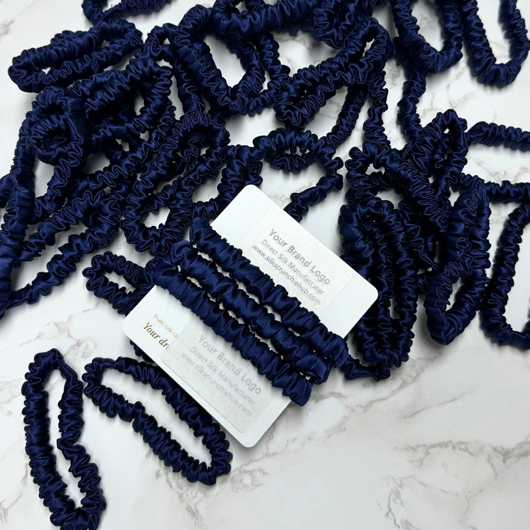 Deep Dark Blue Skinny Silk Scrunchie Wholesale from 1 piece, custom silk scrunchie with brand logo low MOQ.