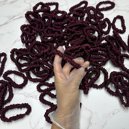 Dark Purple Red Silk Scrunchie Wholesale from 1 piece, custom silk scrunchies with brand label, low MOQ.