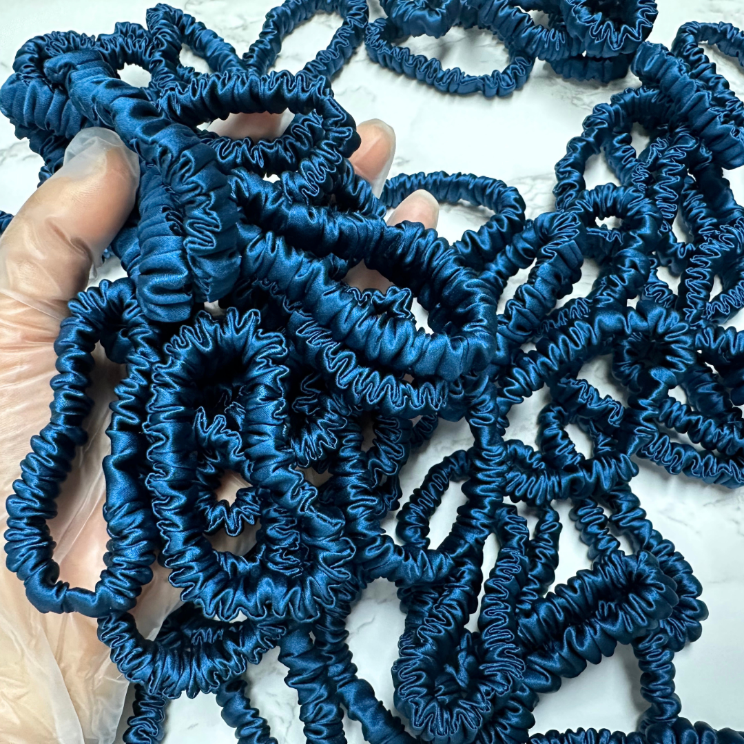 Deep Peacock Blue  Skinny Silk Scrunchie in stock, wholesale silk scrunchie from 1 piece, custom silk scrunchies with logo brand label, low MOQ.
