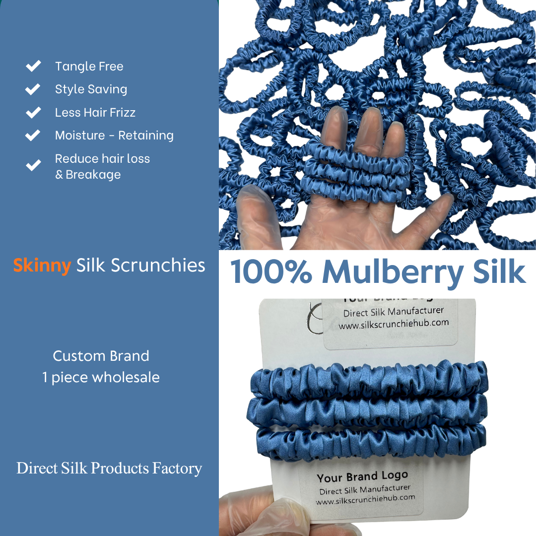 Indigo Blue Skinny Silk Scrunchie in stock, wholesale silk scrunchie from 1 piece, custom silk scrunchies with logo brand label, low MOQ.