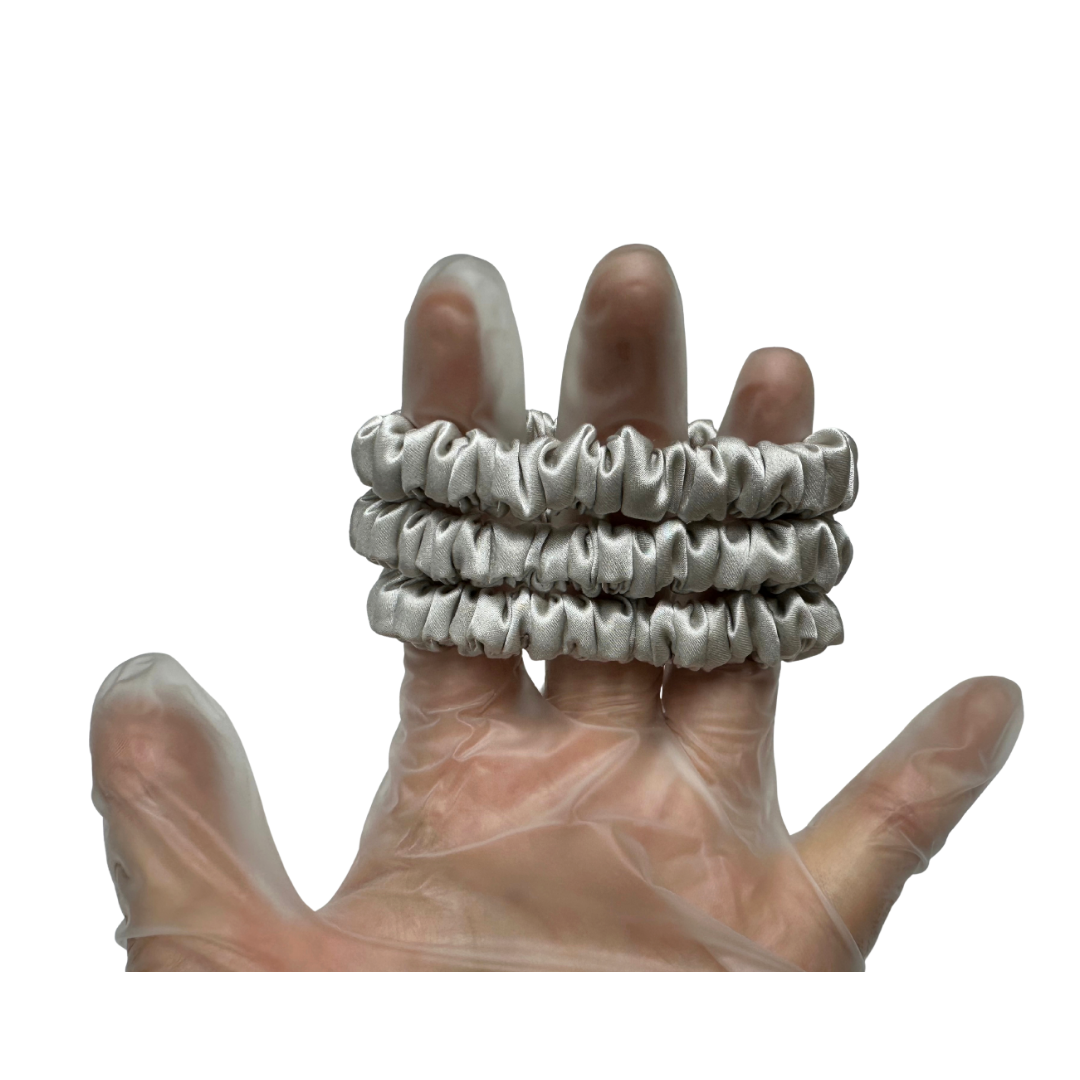 Light Gray Silk Scrunchie Wholesale from 1 piece, custom silk scrunchies with brand label, low MOQ.