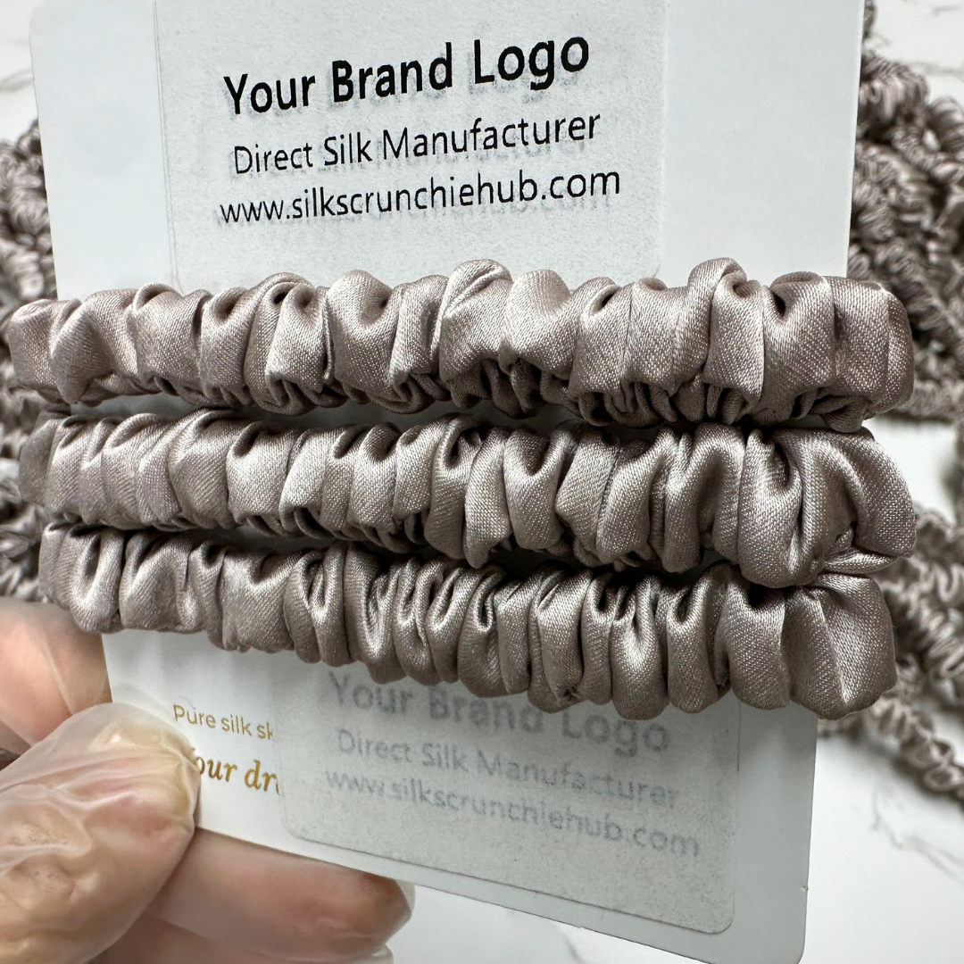 Light Root Skinny Silk Scrunchie Wholesale from 1 piece, custom silk scrunchie with brand logo low MOQ.