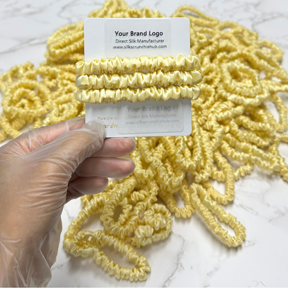 Light Yellow Silk Scrunchie Wholesale from 1 piece, custom silk scrunchies with brand label, low MOQ.