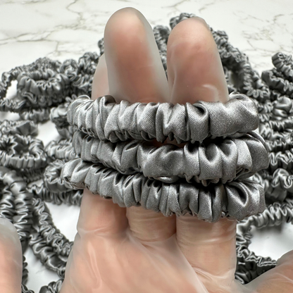 Middle Grey Silk Scrunchie Wholesale from 1 piece, custom silk scrunchies with brand label, low MOQ.