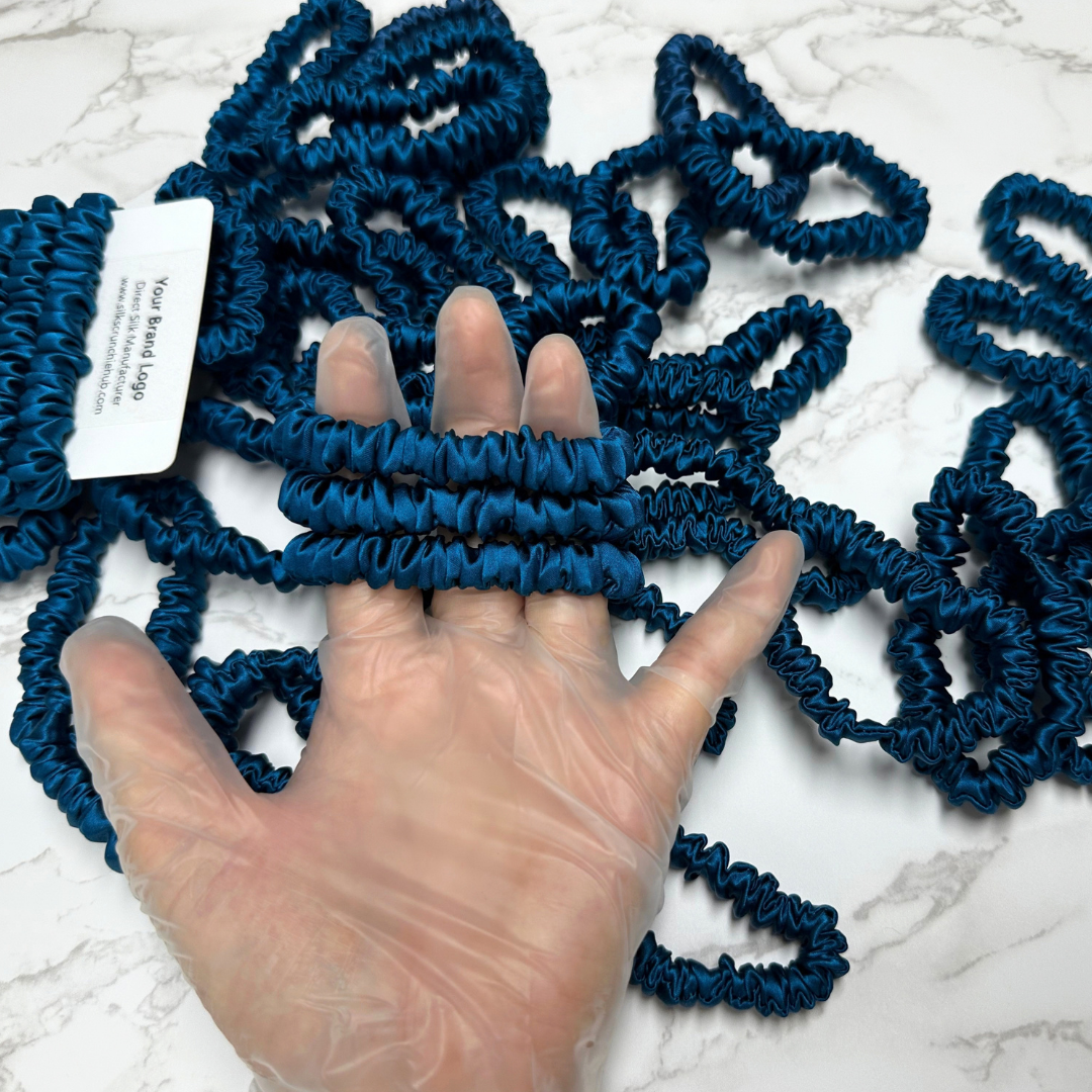 Peacock Blue Skinny Silk Scrunchie Wholesale from 1 piece, custom silk scrunchie with brand logo low MOQ.